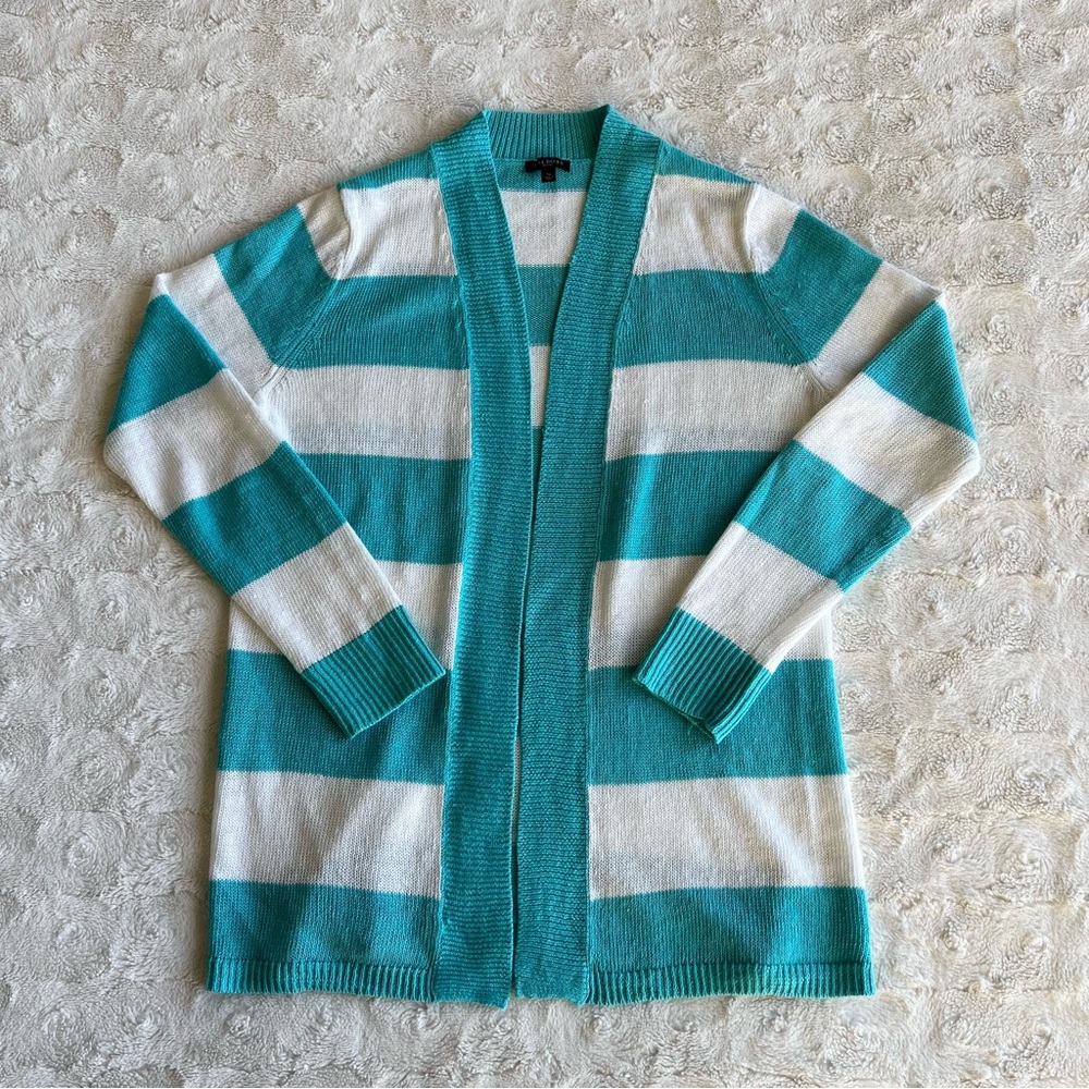 Talbots Cardigan Sweater Womens Petite Small Teal White Striped Linen Open Knit